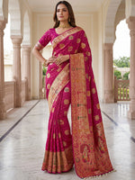 Classic Pink Zari Weaving Silk Engagement Wear Saree With Blouse