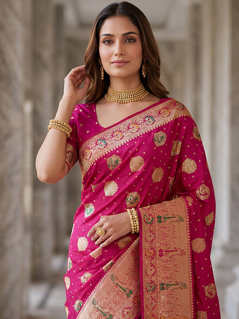 Classic Pink Zari Weaving Silk Engagement Wear Saree With Blouse