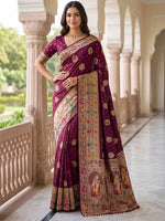 Beautiful Wine Zari Weaving Silk Reception Wear Saree With Blouse