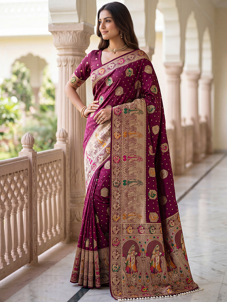 Beautiful Wine Zari Weaving Silk Reception Wear Saree With Blouse