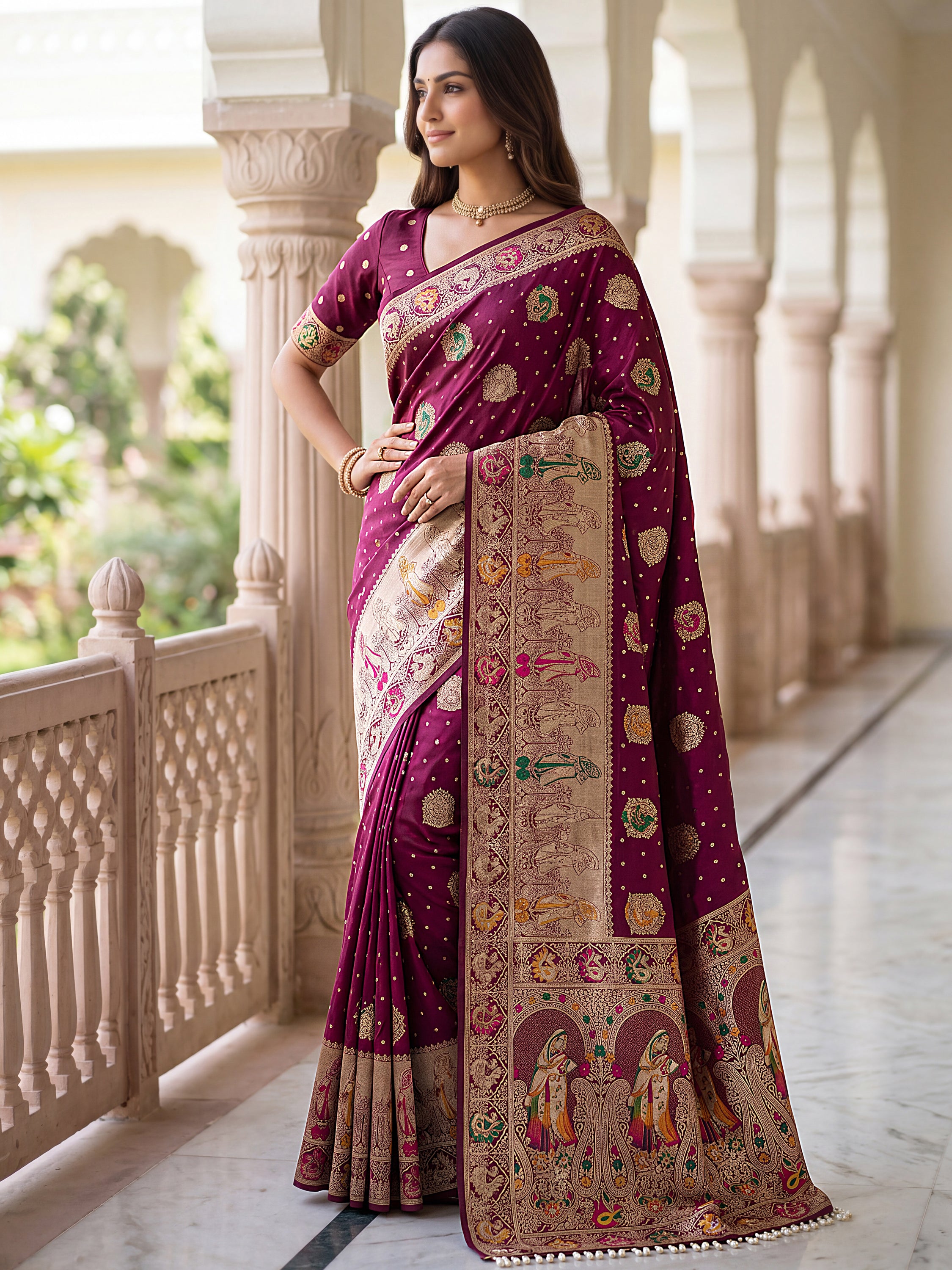 Beautiful Wine Zari Weaving Silk Reception Wear Saree With Blouse