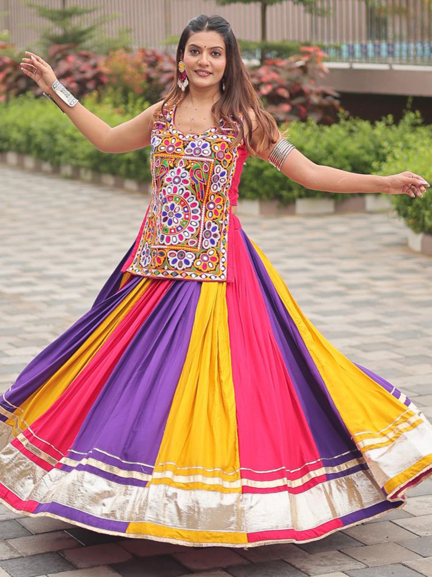 Stunning Multicolor Gamthi Work Cotton Navratri Lehenga With Blouse