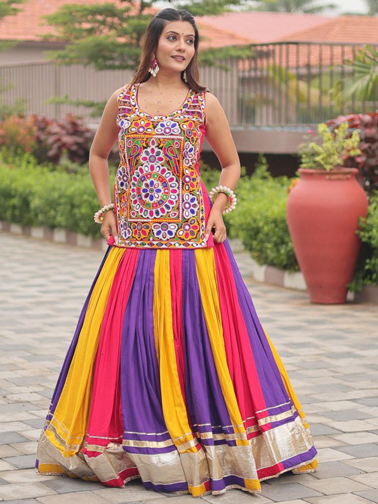 Stunning Multicolor Gamthi Work Cotton Navratri Lehenga With Blouse