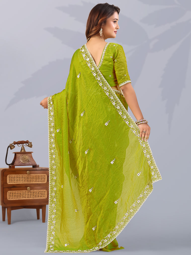 Notable Pista Green Thread Work Silk Mehendi Wear Saree With Blouse