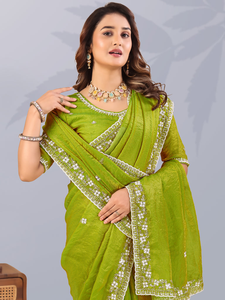 Notable Pista Green Thread Work Silk Mehendi Wear Saree With Blouse