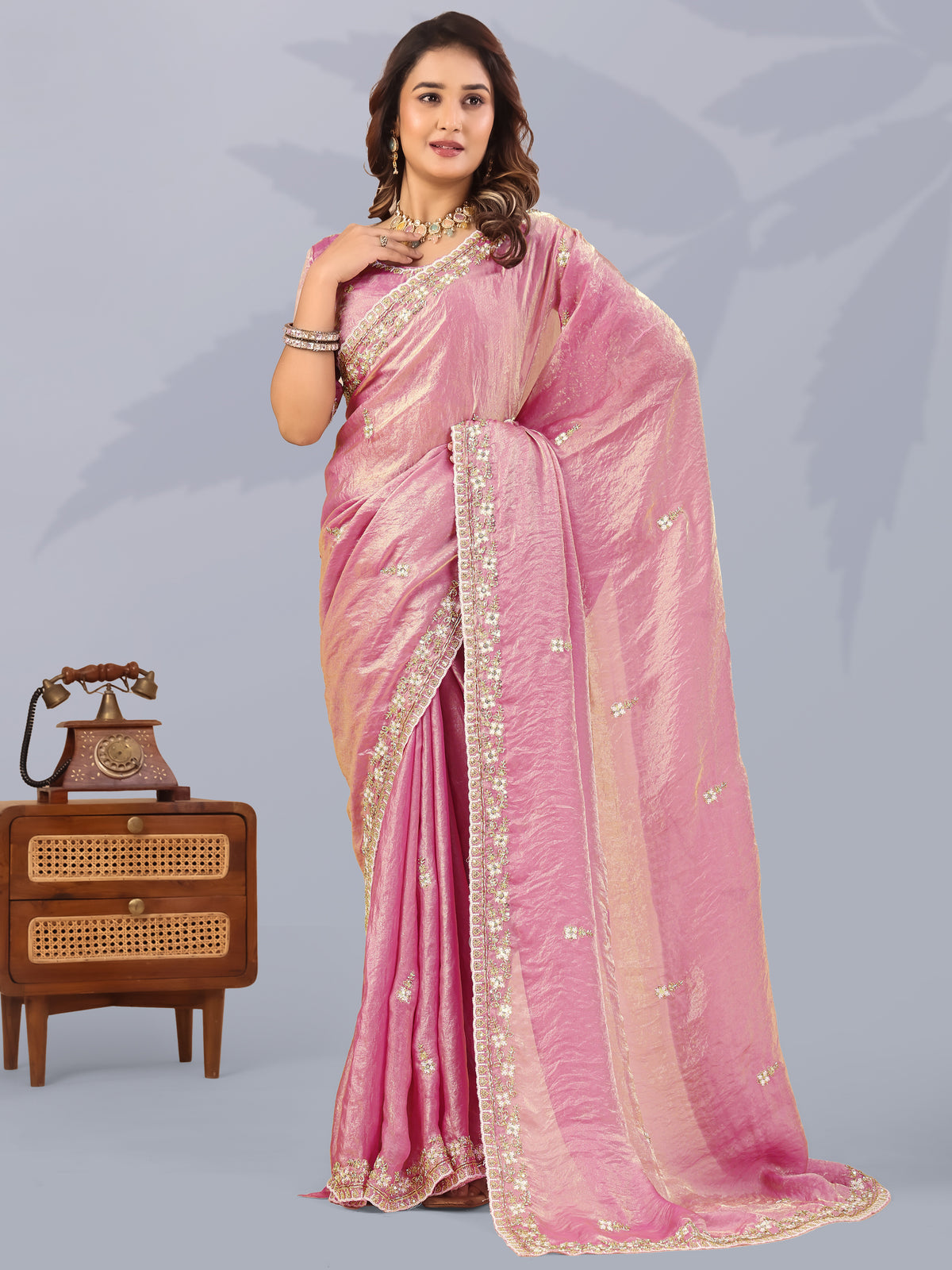 Majestic Pink Embroidered Silk Engagement Wear Saree With Blouse