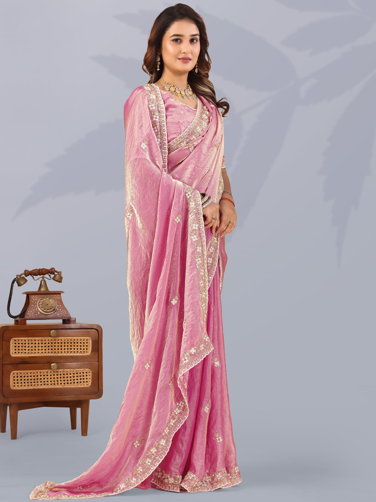 Majestic Pink Embroidered Silk Engagement Wear Saree With Blouse