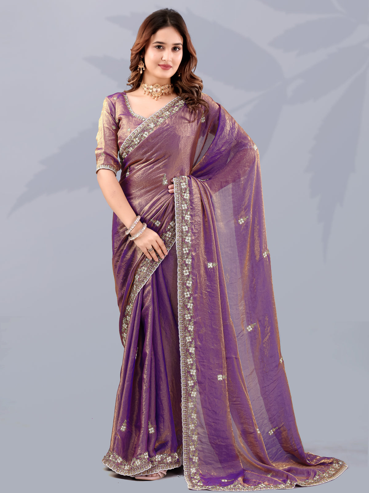 Noteworthy Purple Sequins Silk Reception Wear Saree With Blouse