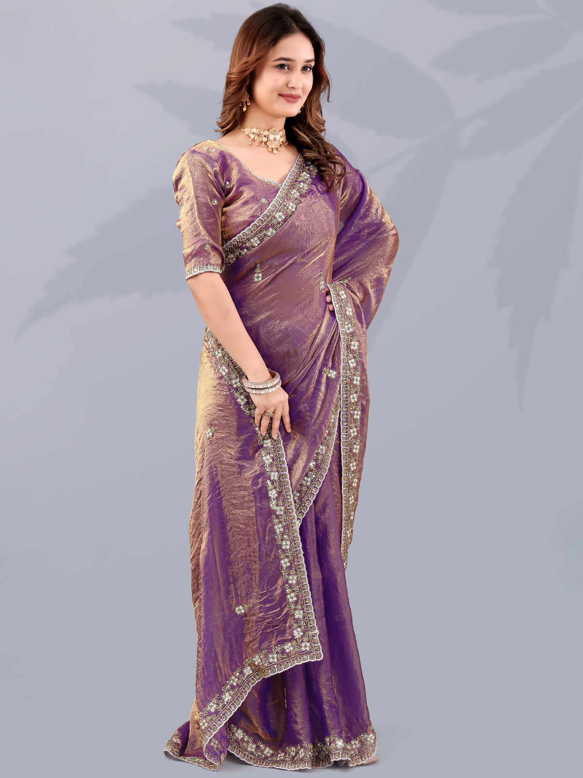 Noteworthy Purple Sequins Silk Reception Wear Saree With Blouse