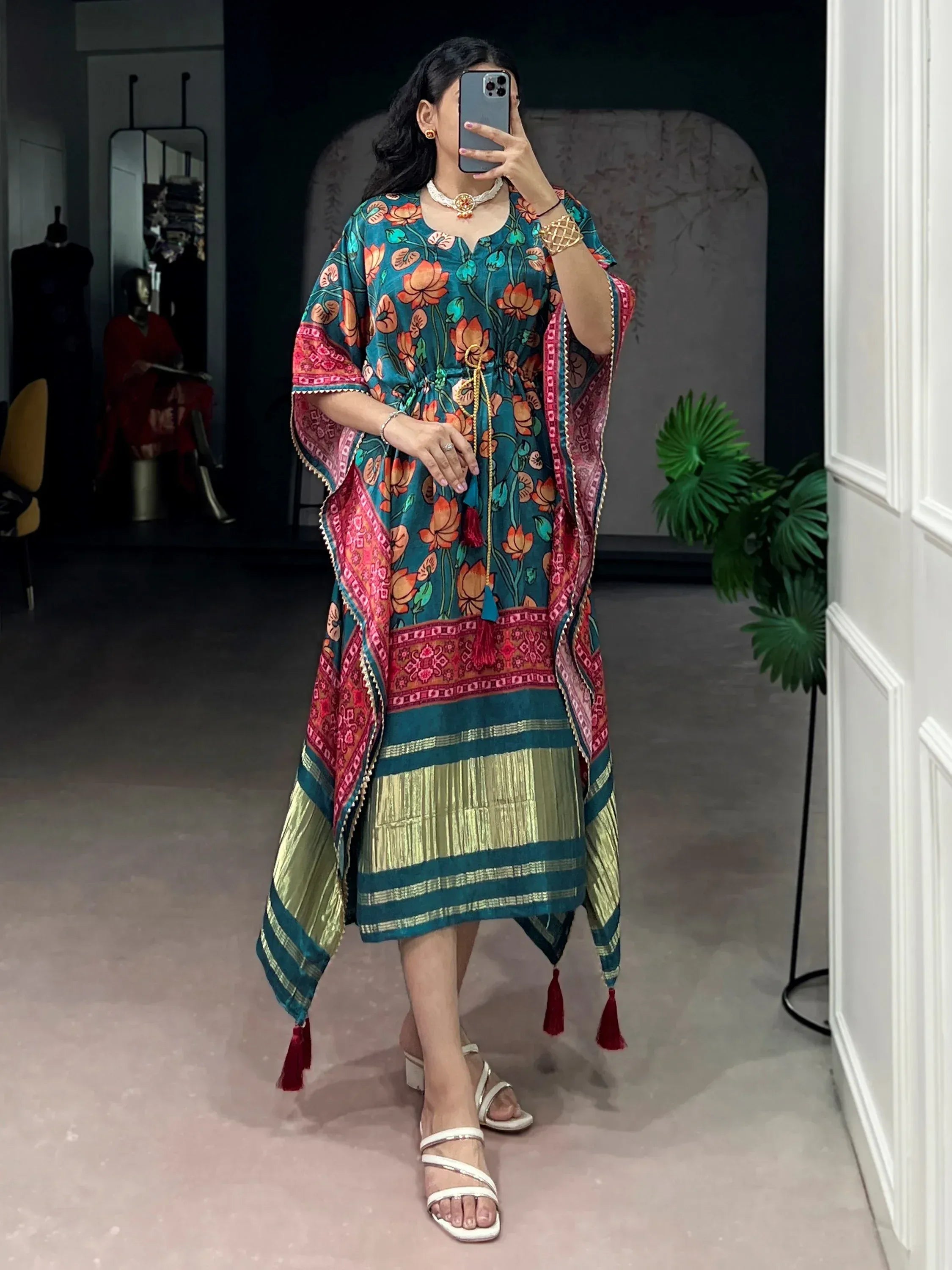 charismatic Teal Green Floral Printed Silk Designer Kaftan