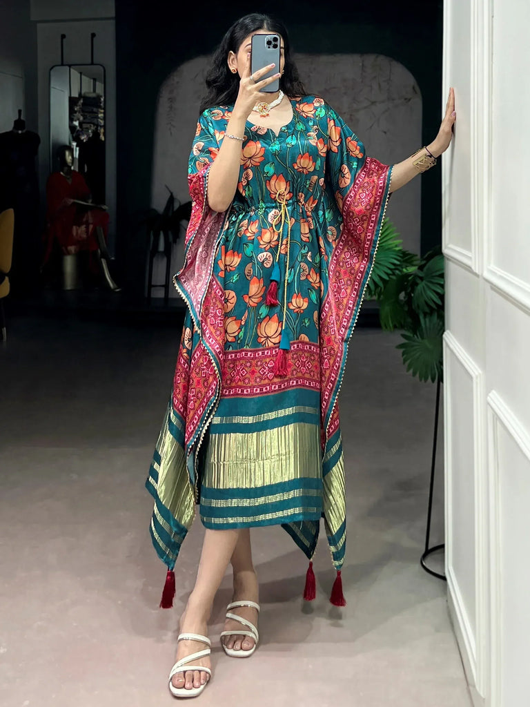 charismatic Teal Green Floral Printed Silk Designer Kaftan