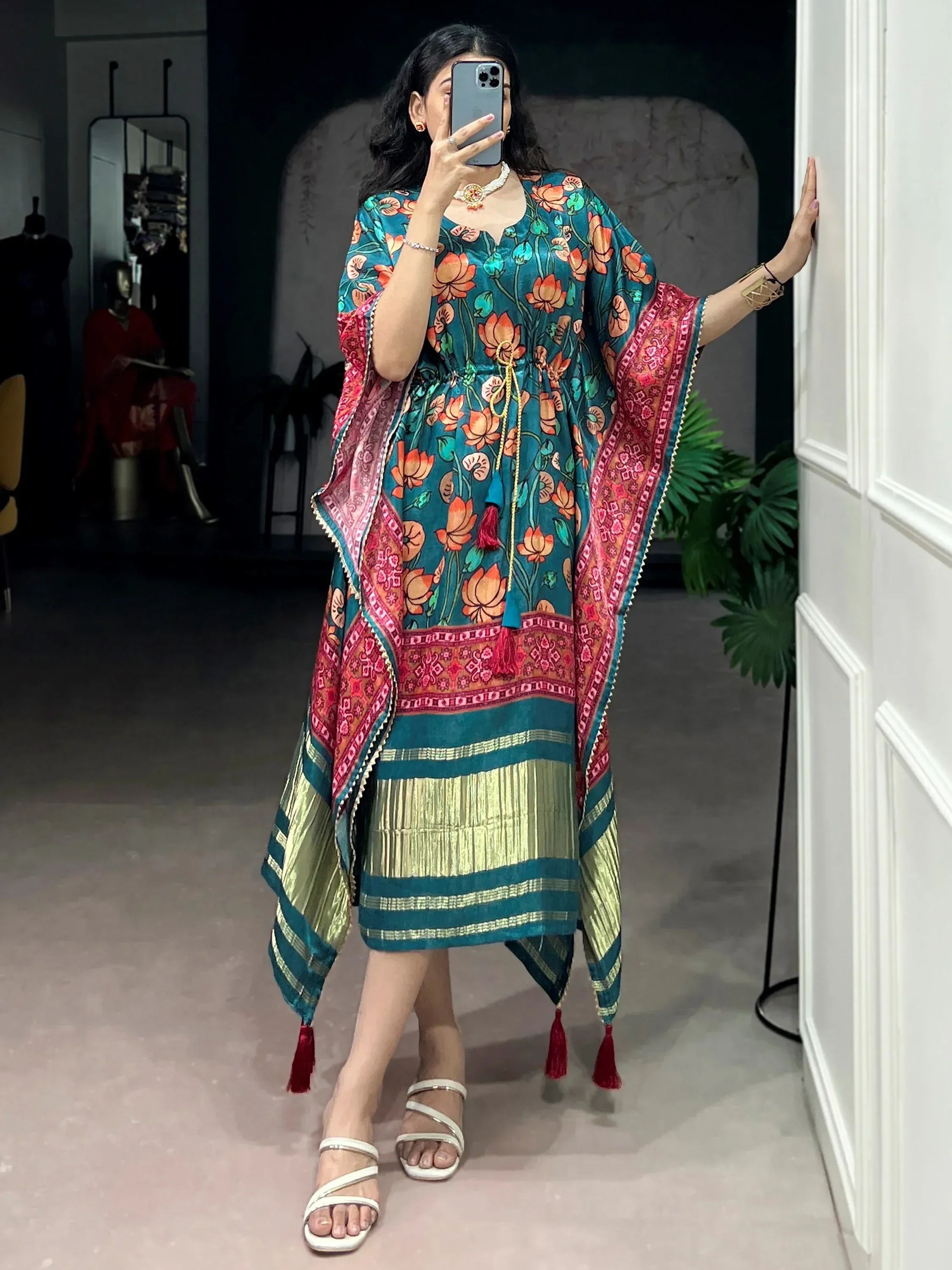 charismatic Teal Green Floral Printed Silk Designer Kaftan