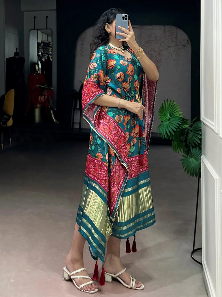 charismatic Teal Green Floral Printed Silk Designer Kaftan