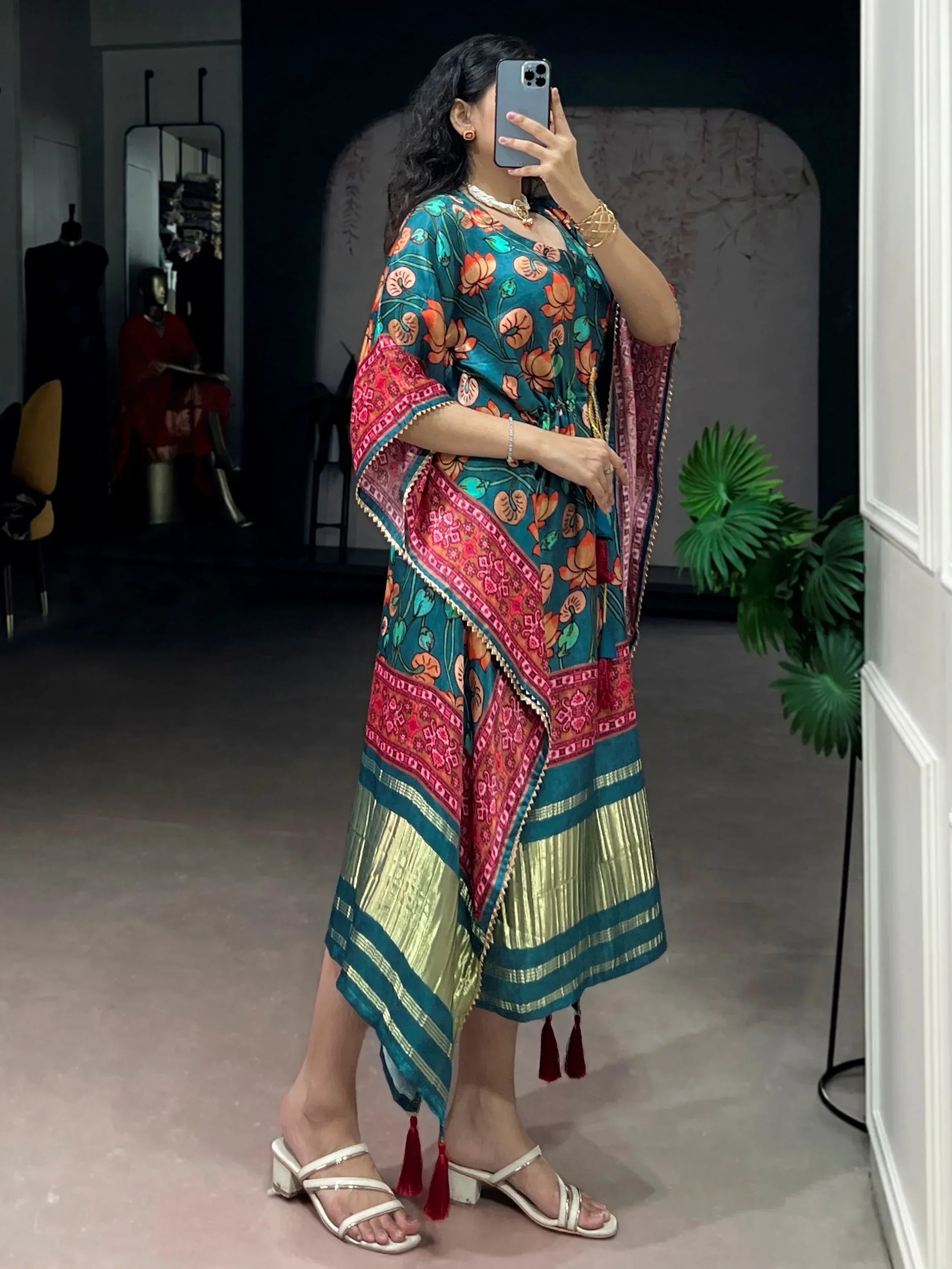 charismatic Teal Green Floral Printed Silk Designer Kaftan