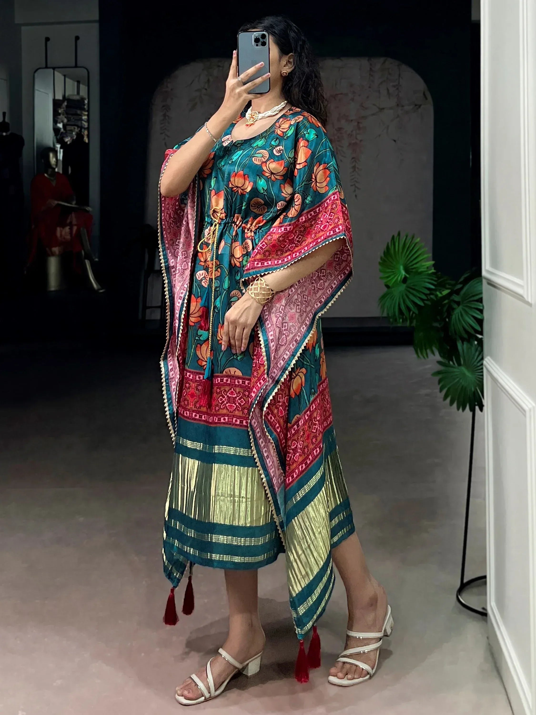 charismatic Teal Green Floral Printed Silk Designer Kaftan