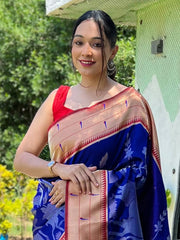 Mesmerizing Blue Paithani Silk Zari Weaving  Saree With Blouse
