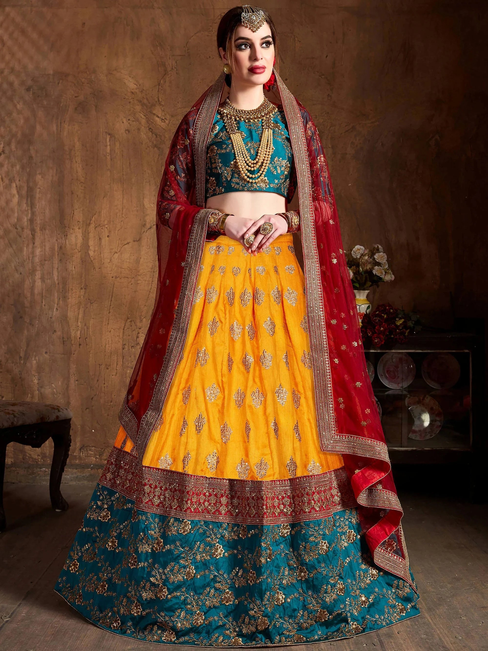 Majestic Yellow Embroidered Silk Wedding Wear Plus Size Lehenga Choli