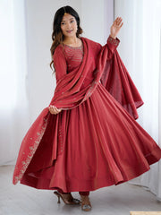 Timeless Maroon Chanderi Silk Embroidered Party Wear Anarkali Suit