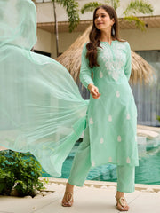 Timeless Turquoise Cotton Embroidered Office Wear Straight Suit
