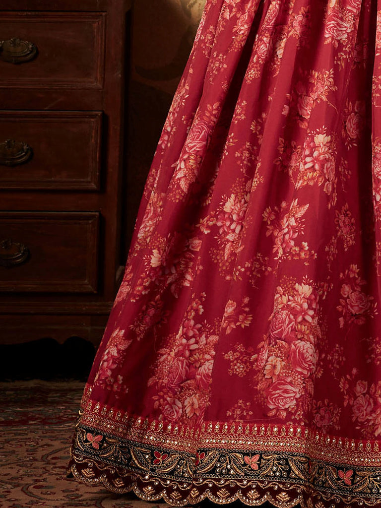 Majestic Maroon Printed Organza Engagement Wear Plus Size Lehenga Choli
