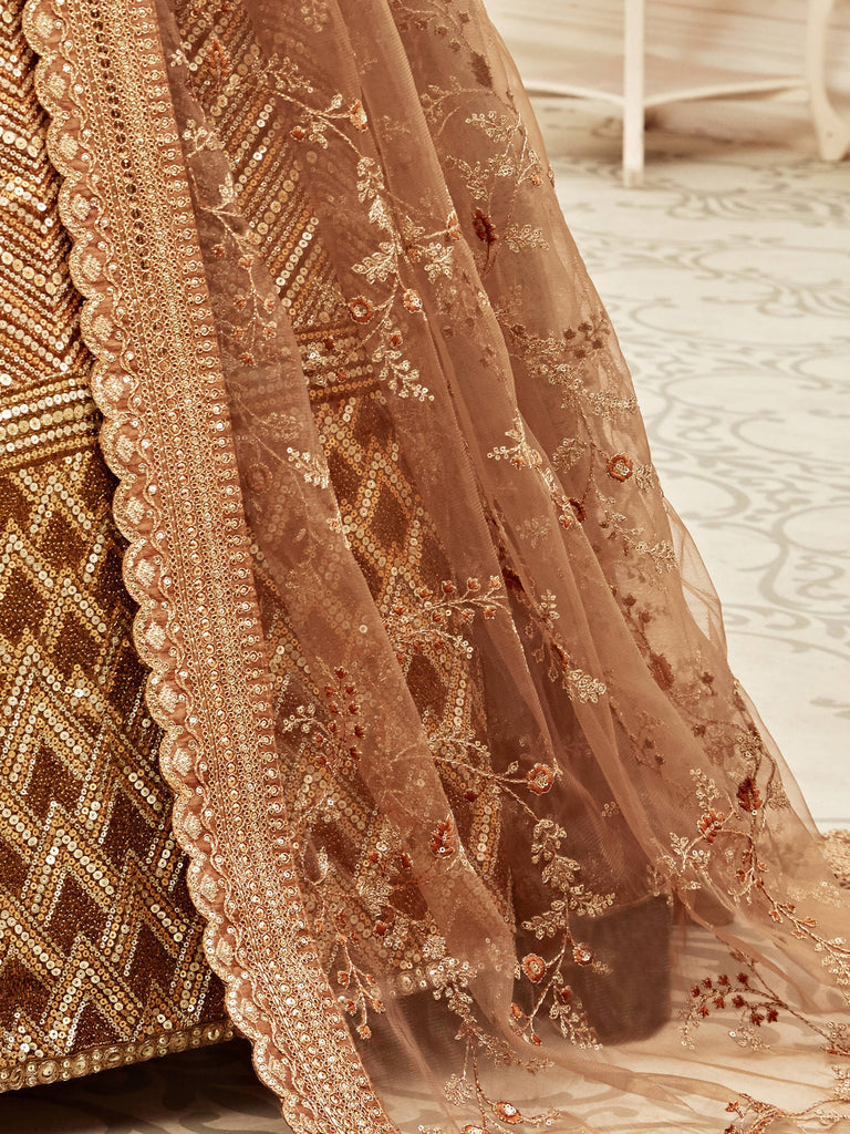Brown Sequins Embroidered Slub Silk Bridal Wear Lehenga Choli