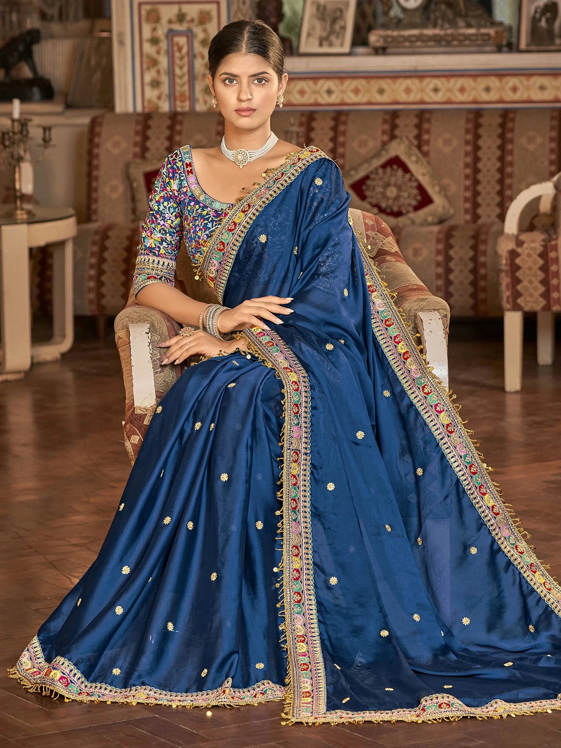 Fashionable Blue Embroidered Georgette Wedding Wear Saree With Blouse