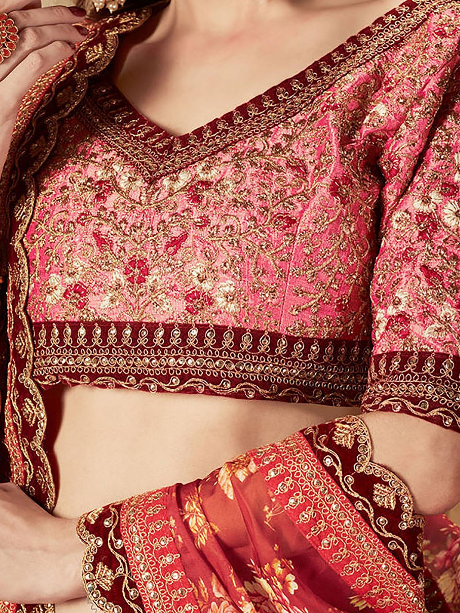 Majestic Maroon Printed Organza Engagement Wear Plus Size Lehenga Choli