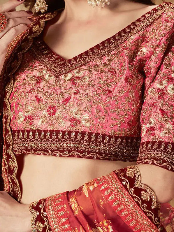 Maroon Floral Digital Printed Organza Bridal Lehenga Choli