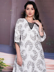 Precious White Floral Printed Cotton Casual Wear Kurta With Pant