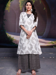 Precious White Floral Printed Cotton Casual Wear Kurta With Pant