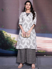 Precious White Floral Printed Cotton Casual Wear Kurta With Pant