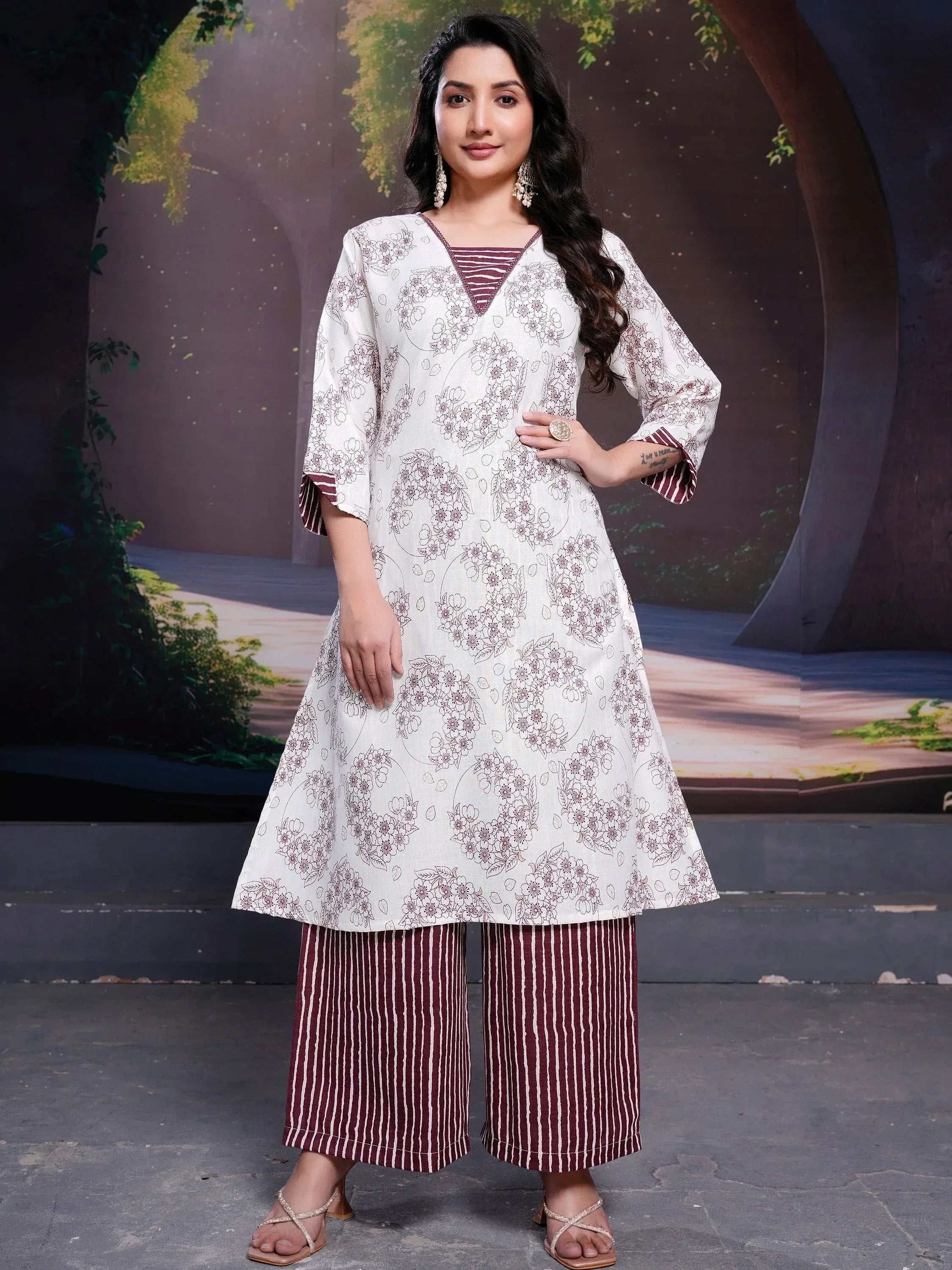 Floral printed ethnic kurta with striped palazzo pants for women