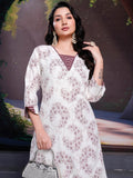 Spectacular White Floral Printed Cotton Office Wear Kurta With Palazzo