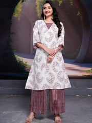 Spectacular White Floral Printed Cotton Office Wear Kurta With Palazzo