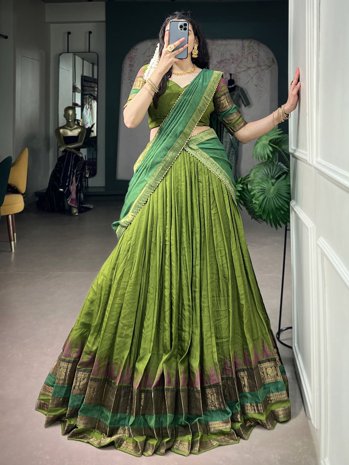 Artistic Green Zari Weaving Cotton Event Wear Half Saree Lehenga
