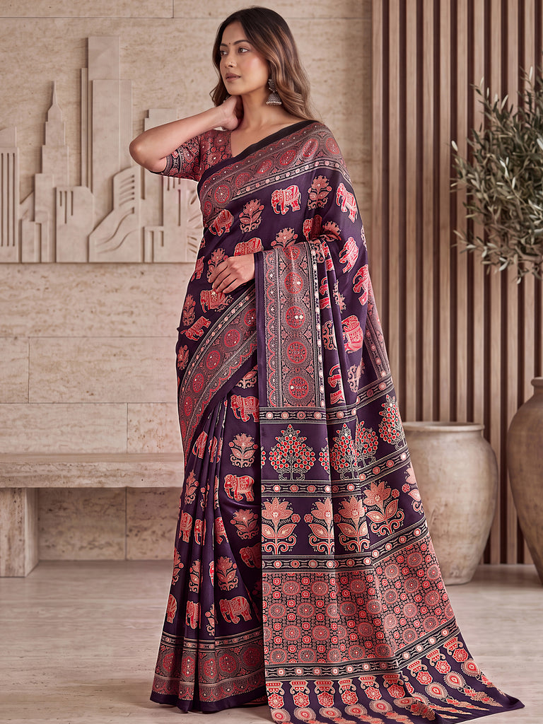 Gorgeous Wine Mirror Work Crepe Silk Wedding Wear Saree With Blouse