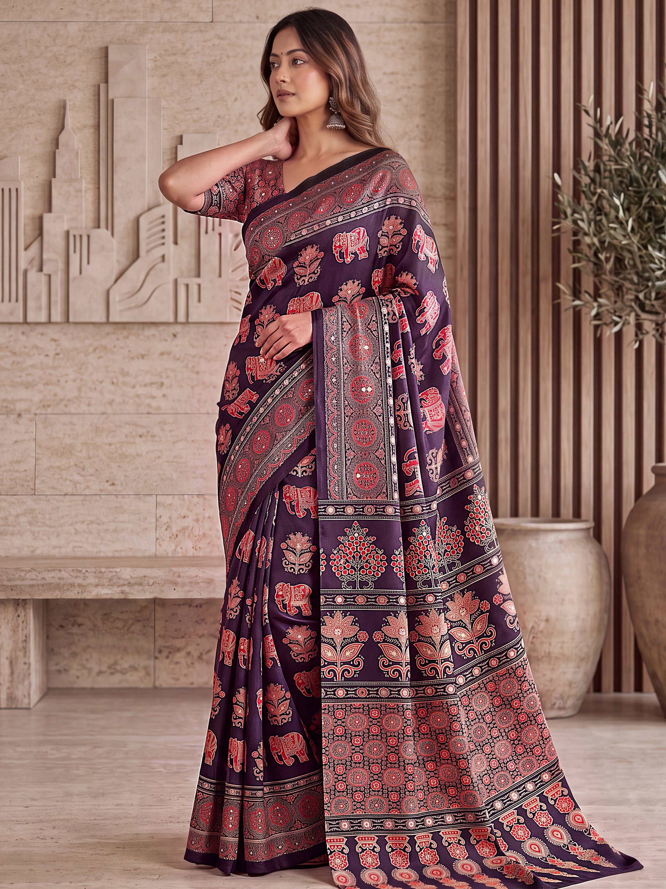 Gorgeous Wine Mirror Work Crepe Silk Wedding Wear Saree With Blouse