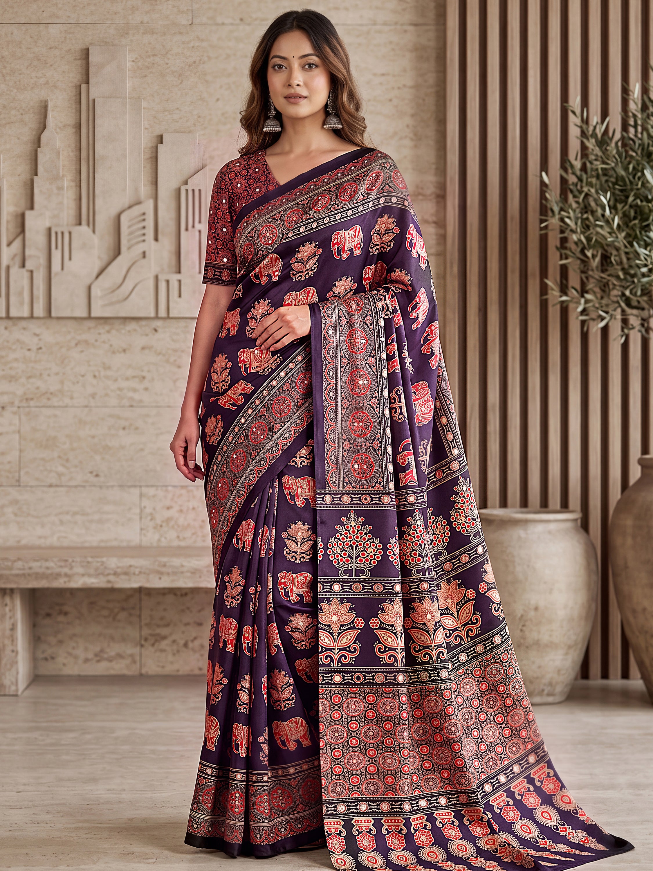 Gorgeous Wine Mirror Work Crepe Silk Wedding Wear Saree With Blouse
