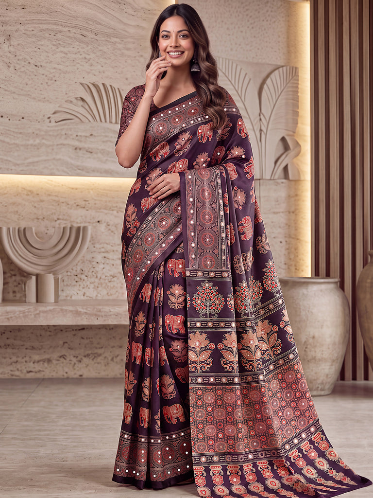 Gorgeous Wine Mirror Work Crepe Silk Wedding Wear Saree With Blouse