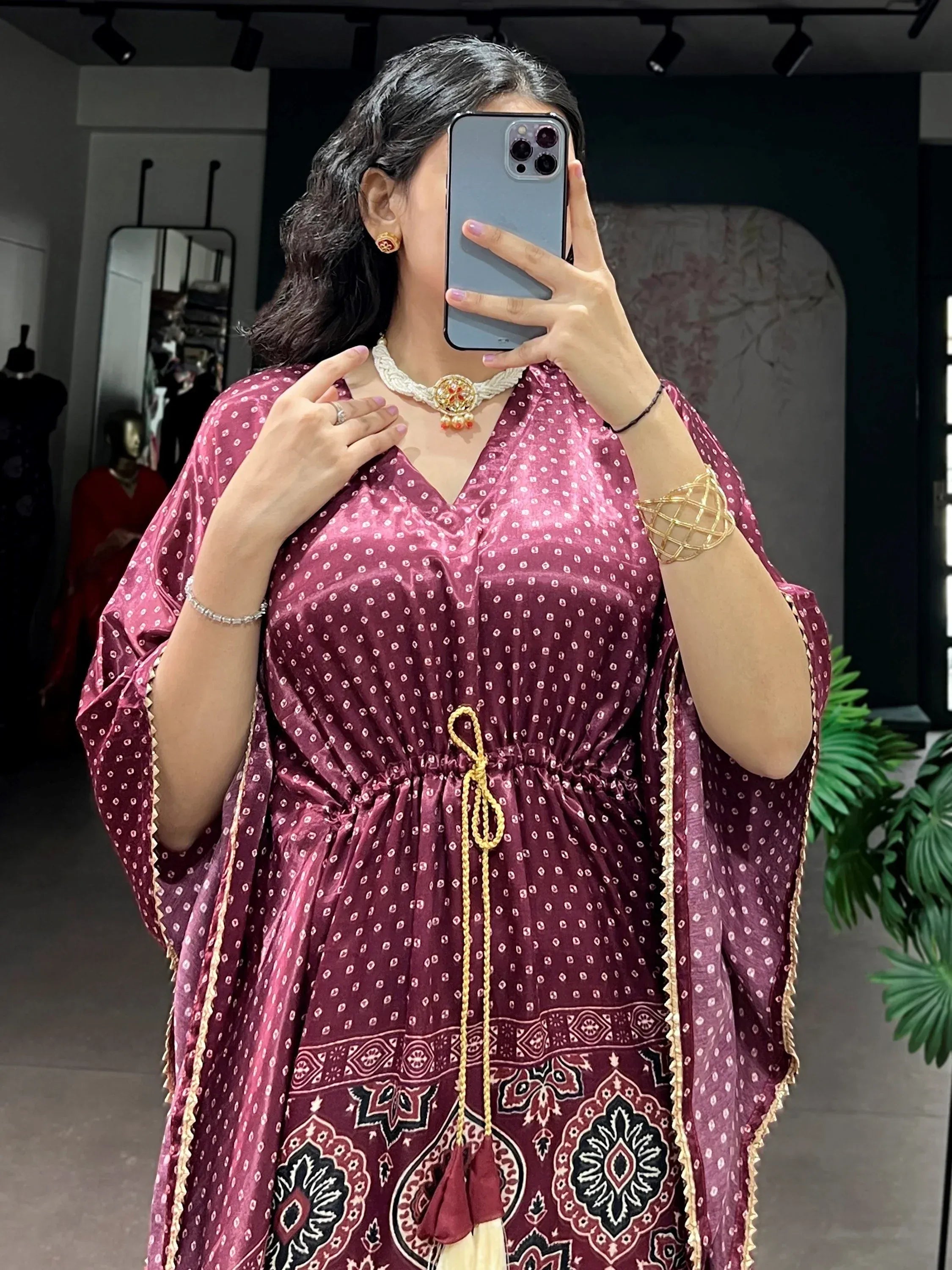 Alluring Wine Bandhani Printed Silk Wedding Wear Kaftan