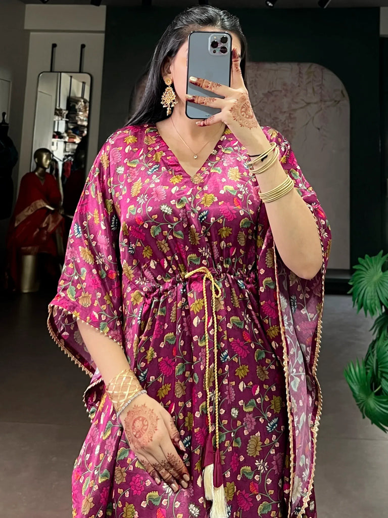 Stylish Wine Floral Printed Gaji Silk Marriage Wear Kaftan