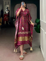 Stylish Wine Floral Printed Gaji Silk Marriage Wear Kaftan