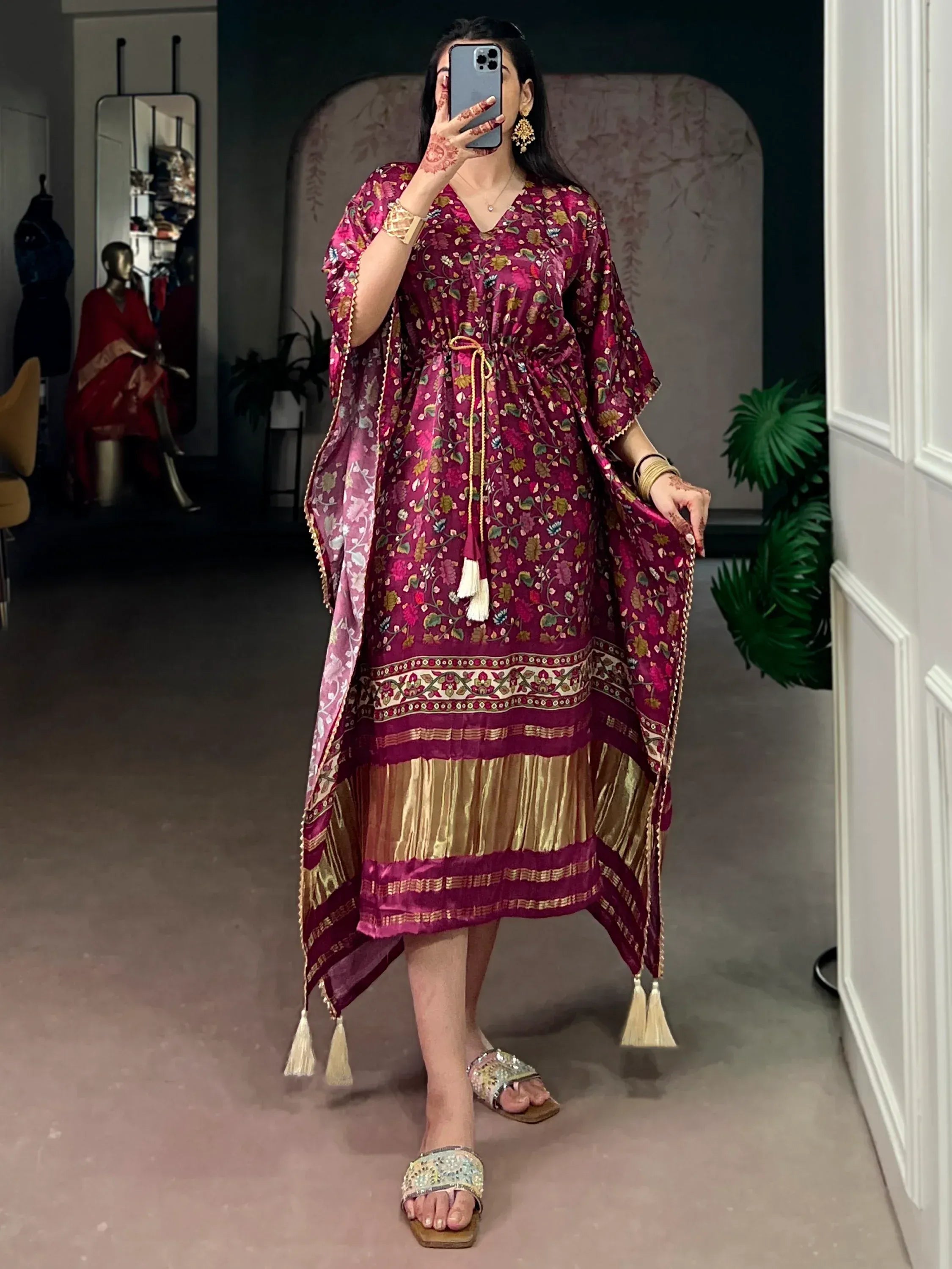 Stylish Wine Floral Printed Gaji Silk Marriage Wear Kaftan