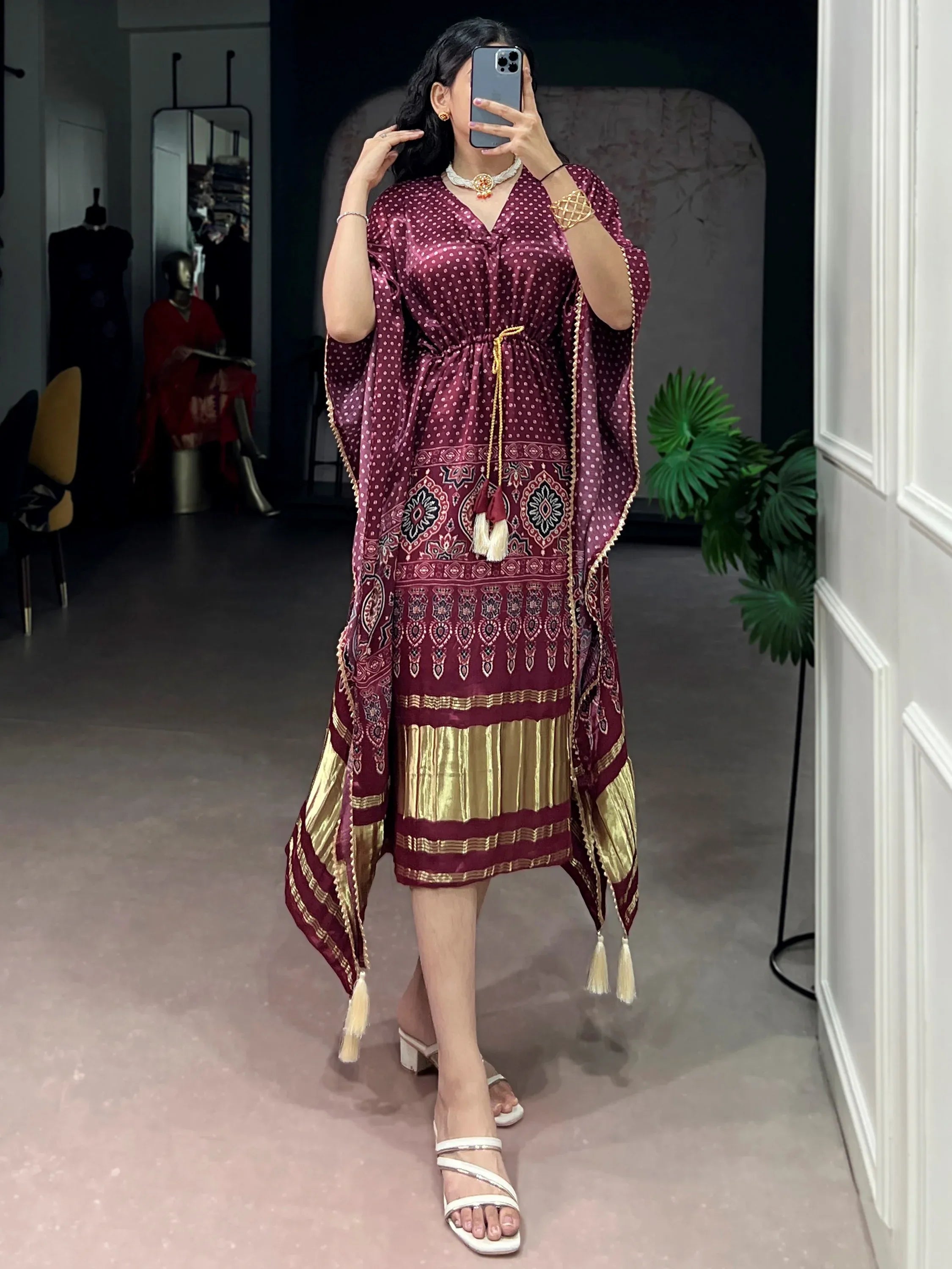 Alluring Wine Bandhani Printed Silk Wedding Wear Kaftan