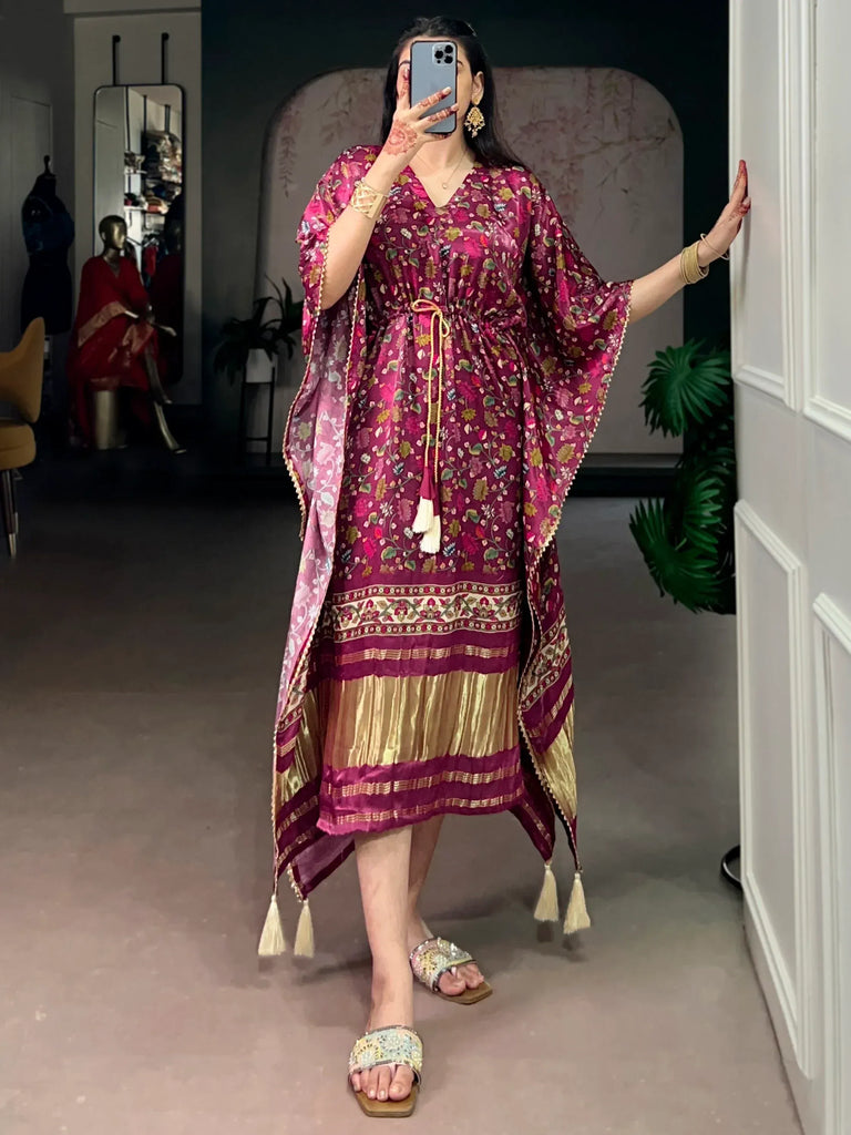 Stylish Wine Floral Printed Gaji Silk Marriage Wear Kaftan
