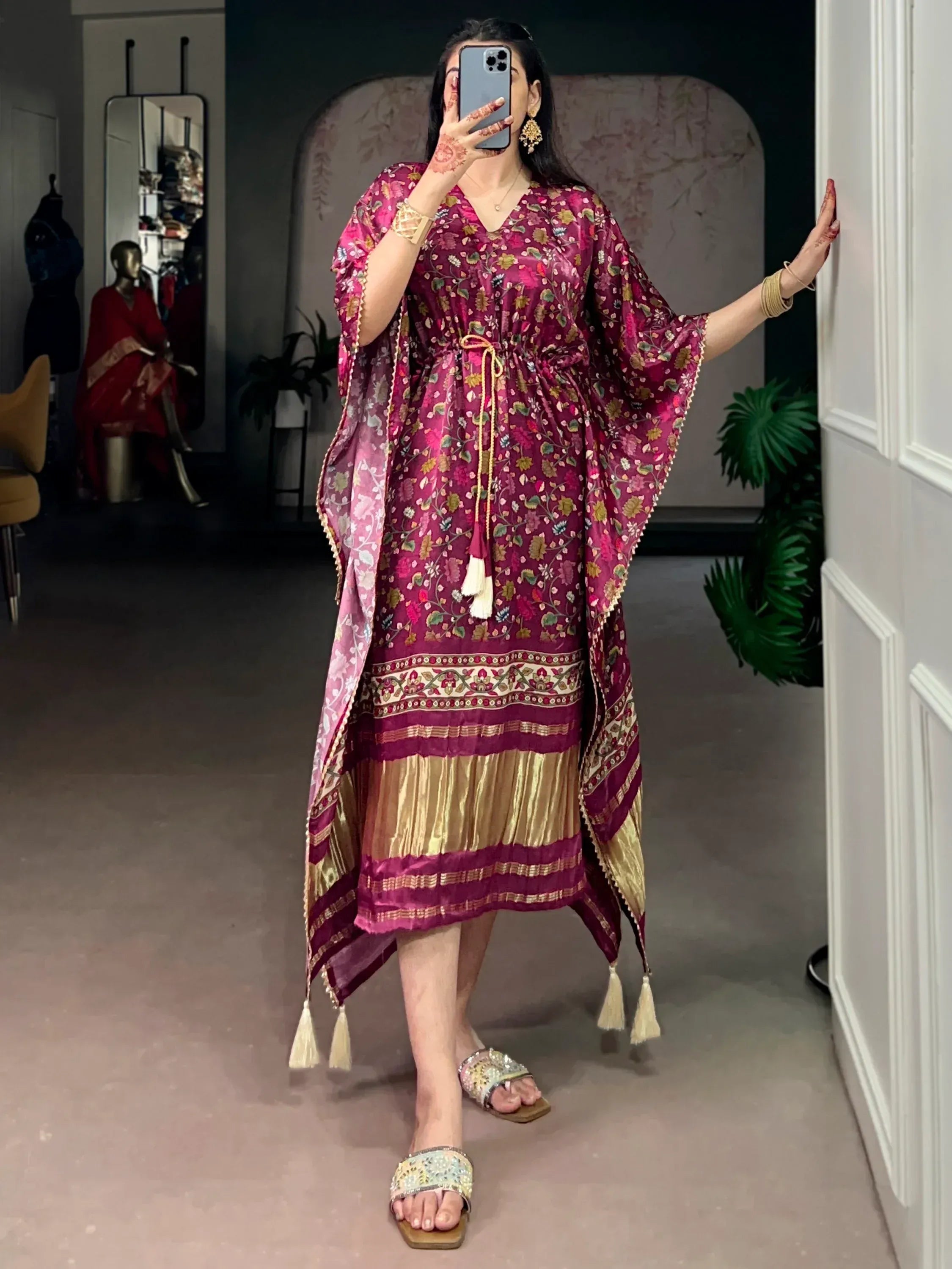 Stylish Wine Floral Printed Gaji Silk Marriage Wear Kaftan