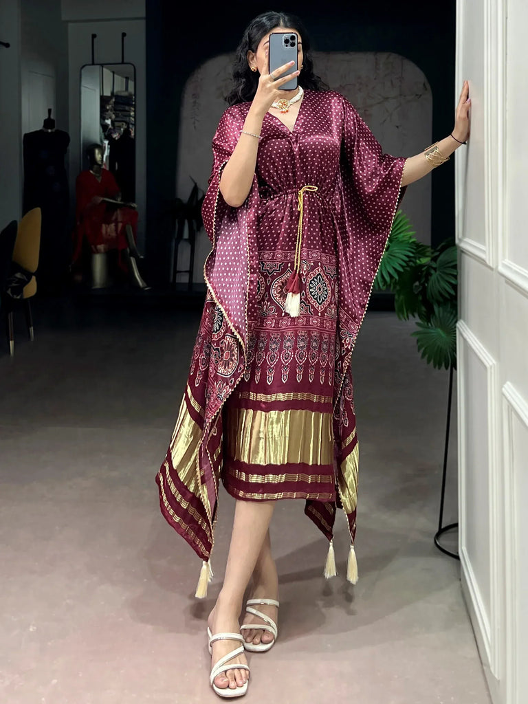 Alluring Wine Bandhani Printed Silk Wedding Wear Kaftan