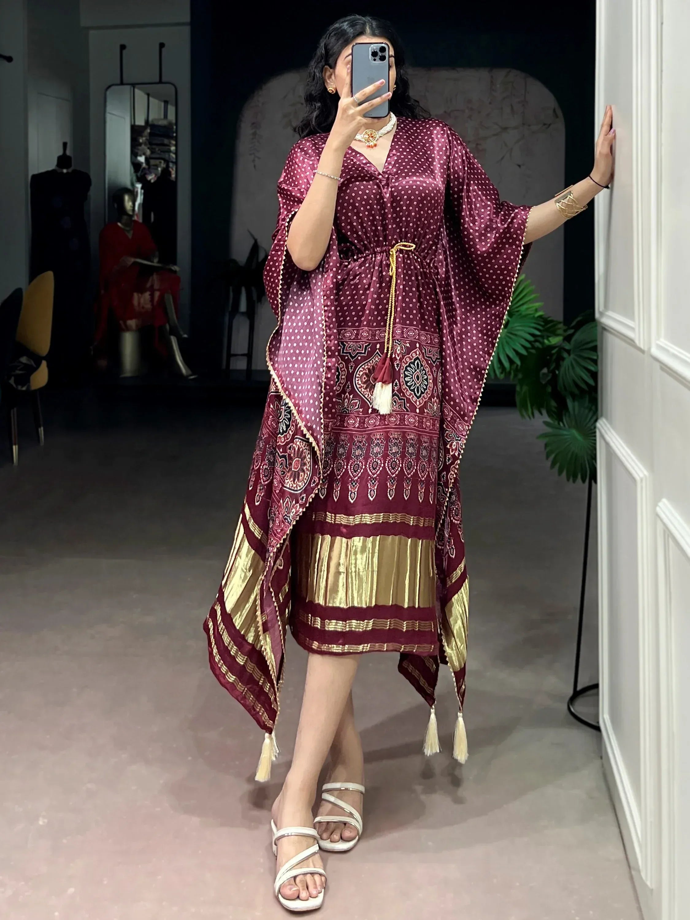 Alluring Wine Bandhani Printed Silk Wedding Wear Kaftan