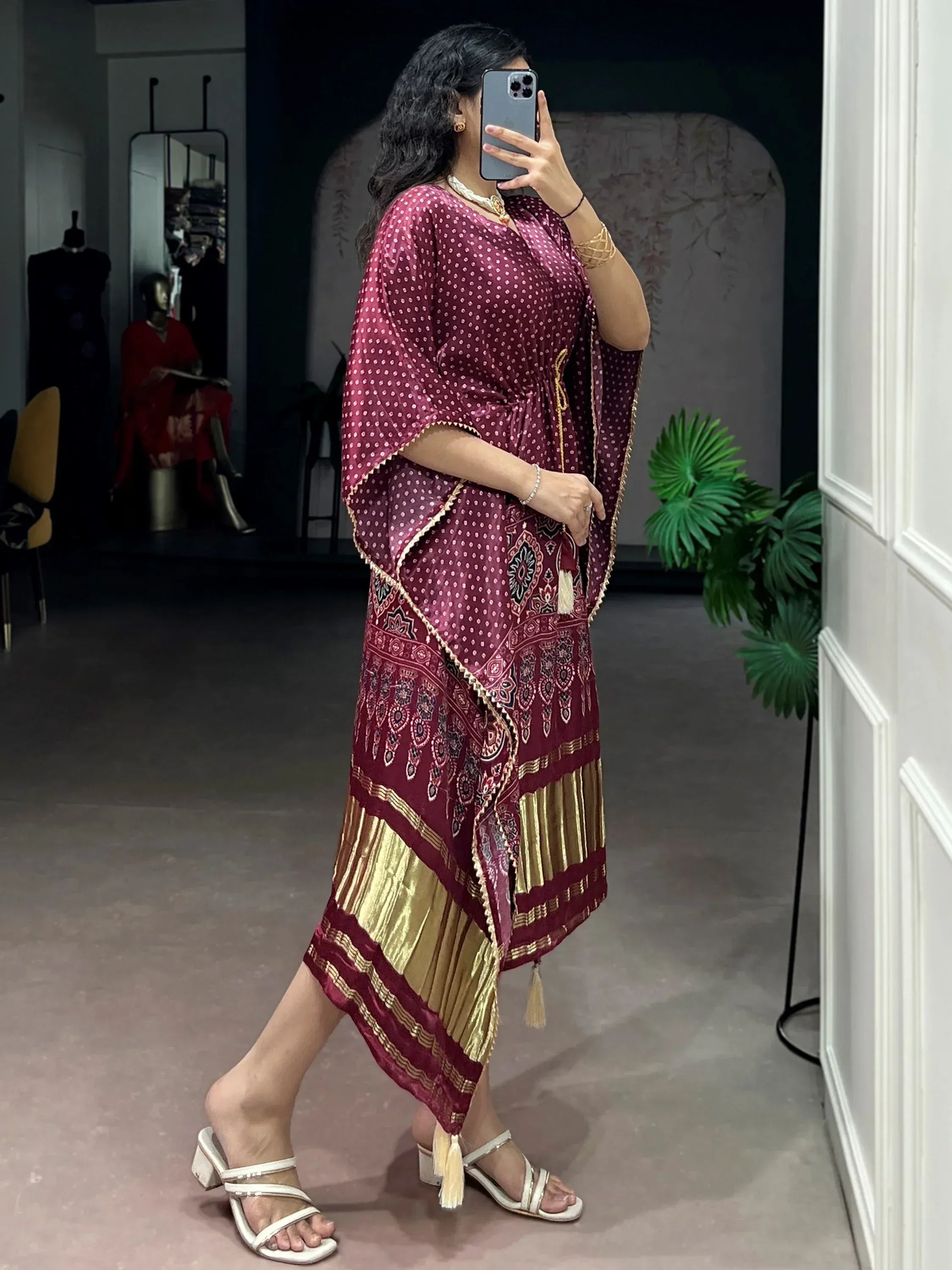 Alluring Wine Bandhani Printed Silk Wedding Wear Kaftan