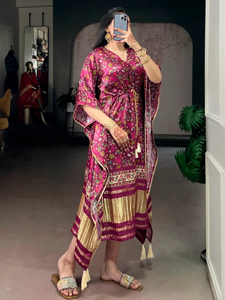 Stylish Wine Floral Printed Gaji Silk Marriage Wear Kaftan